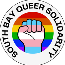 The South Bay Queer Solidarity logo. The group name runs in a circle around an icon of a raised fist in trans colors on a rainbow background.